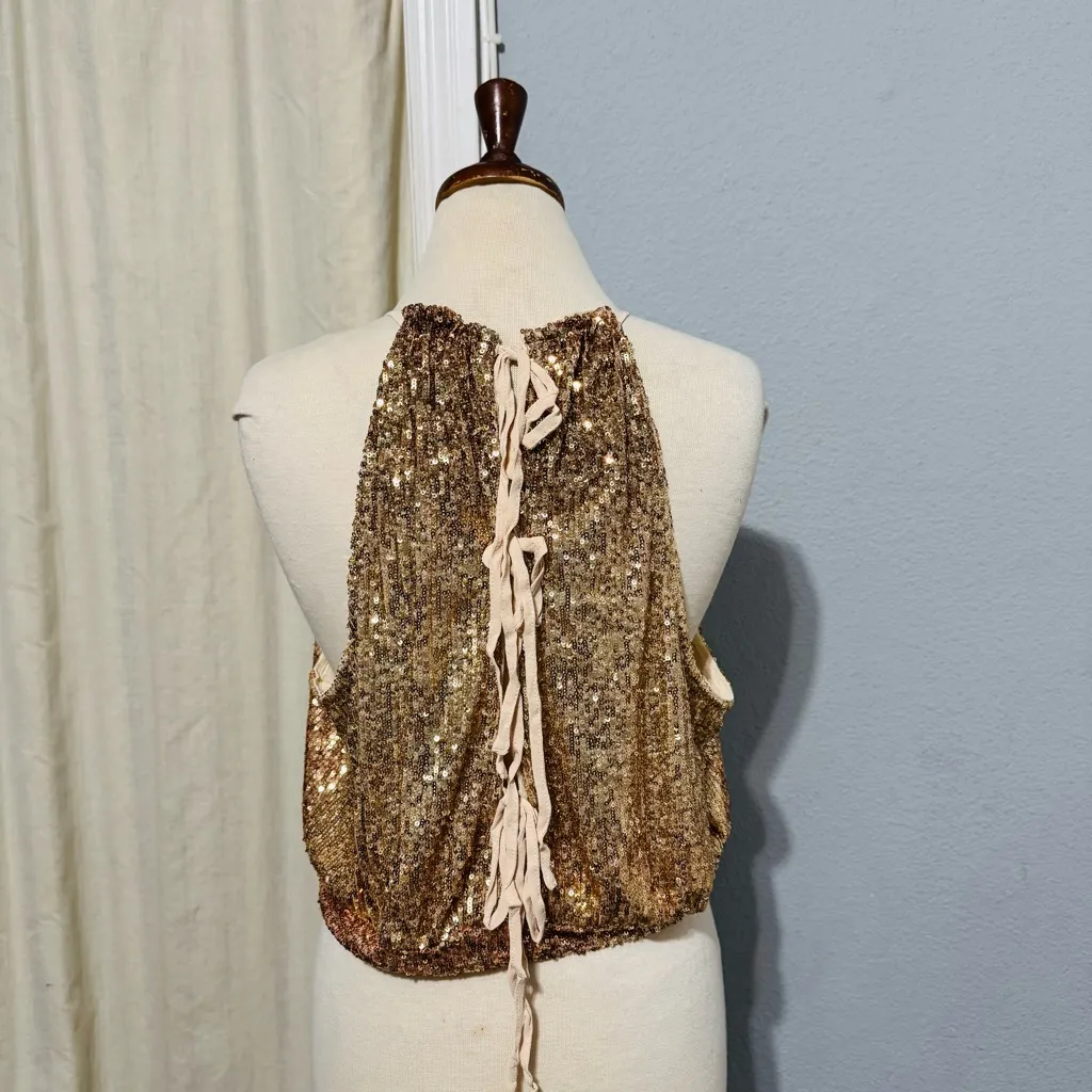 Free People Lights Out‎ Sequin Halter Cropped Top Neutral Combo Gold Color Sz XL - Image 5