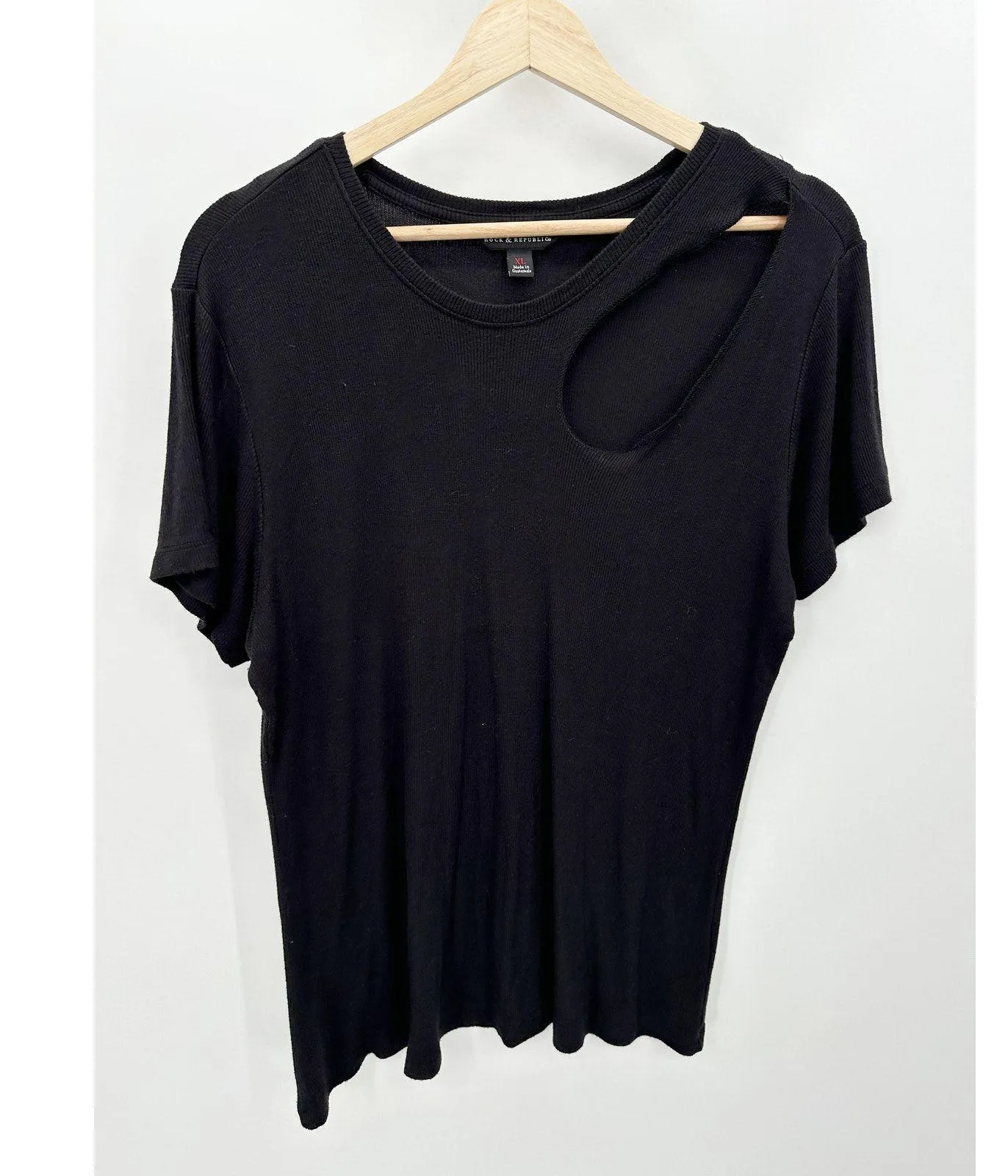 Rock & Republic Top Women‎ XL Black Short Sleeve Distressed Ribbed T-Shirt Tee - Image 6
