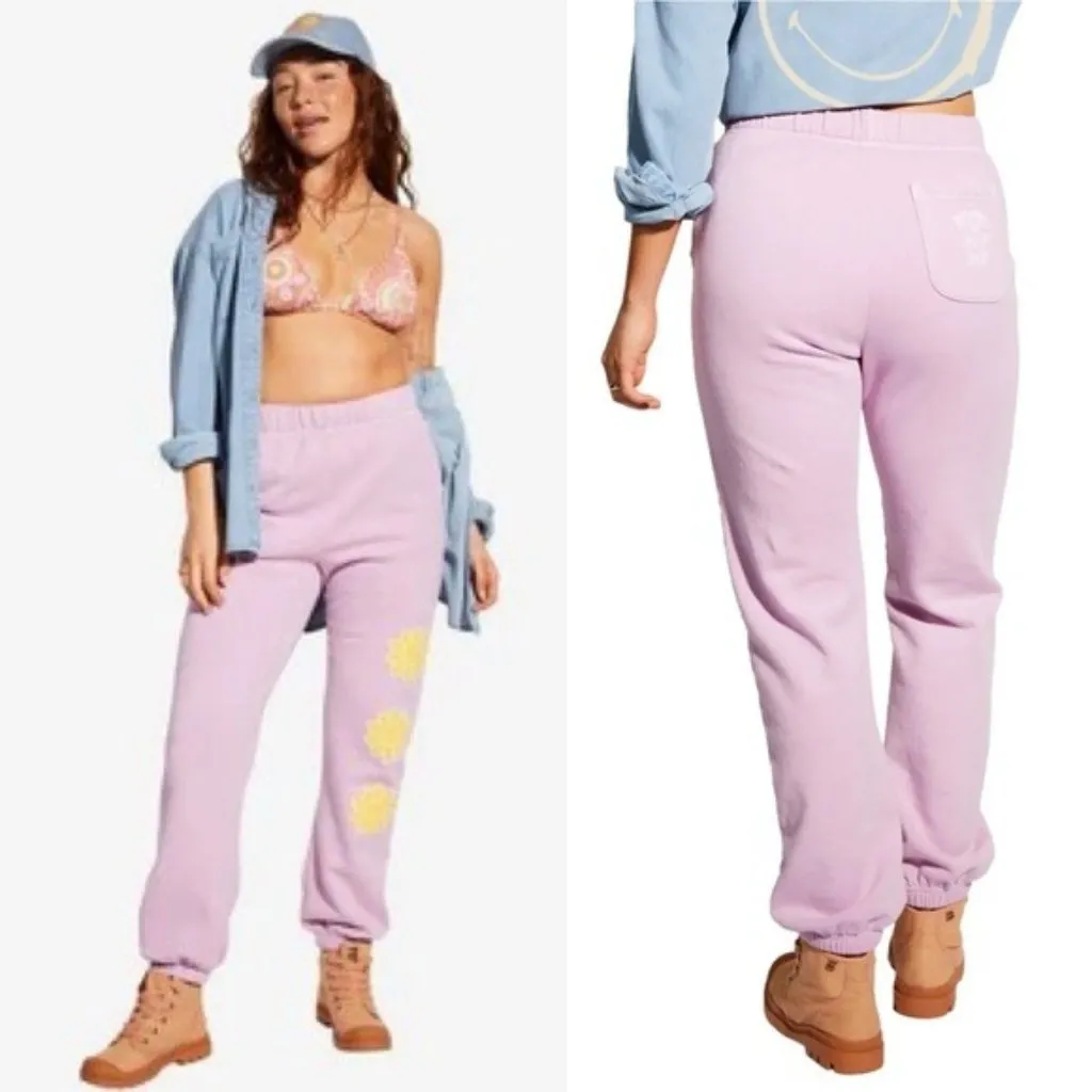 Billabong x SMILEY Happy Saturday Sweatpants XS Pink Track Jogger Fleece Tapered - Image 2