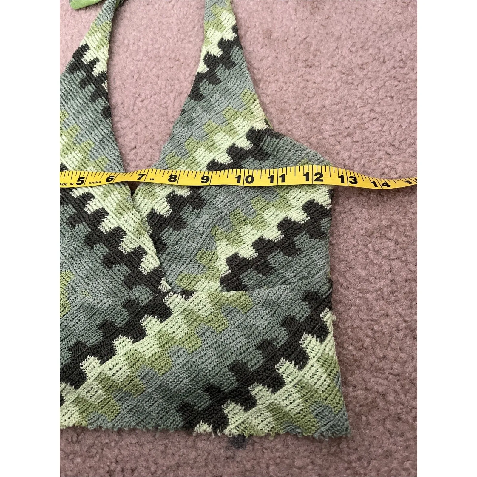 Womens Crochet Halter XS Top Green Chevron 70s Boho Festival Coachella Hippie - Image 5
