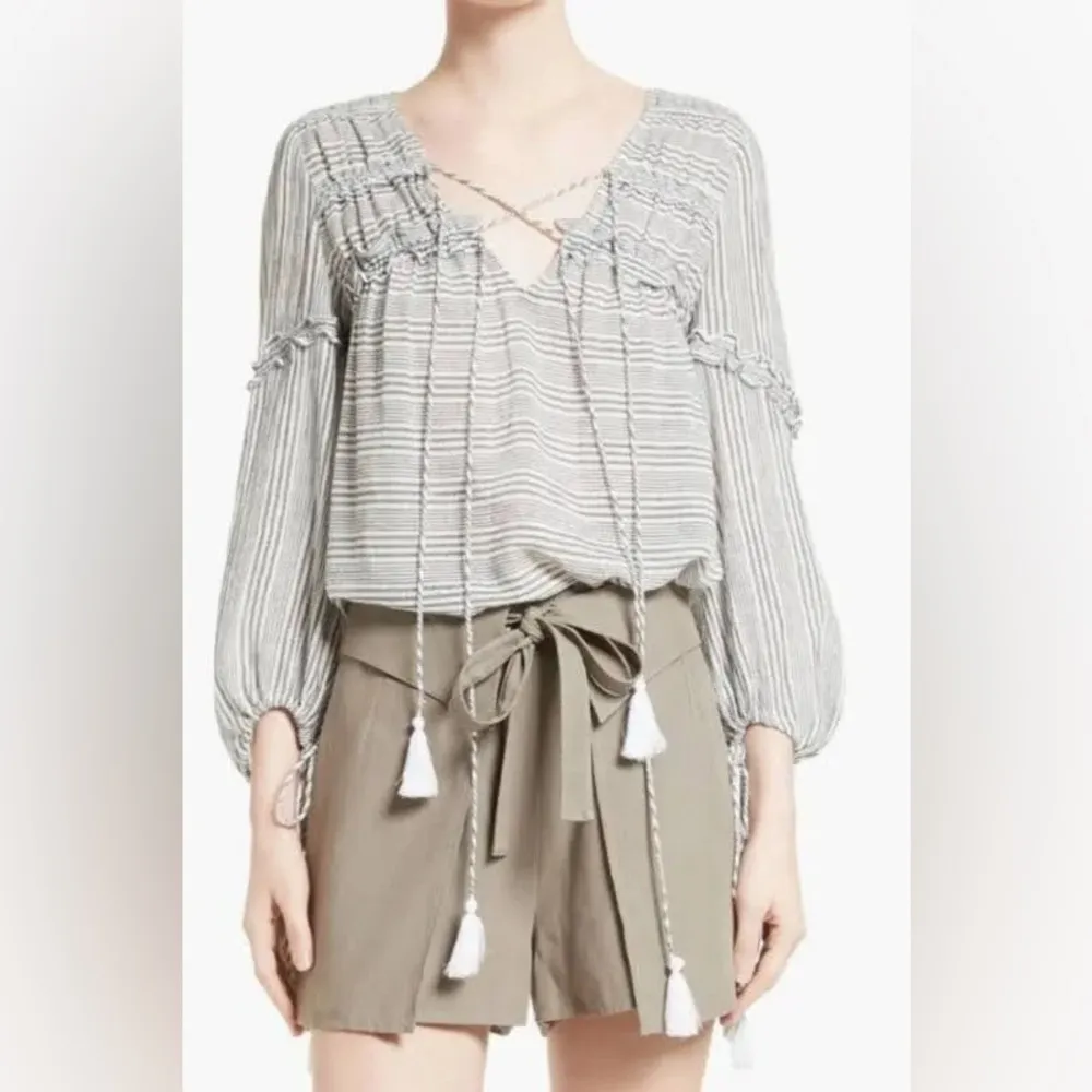 Derek Lam 10 Crosby V Neck Stripe Tassel Blouse - Image 3