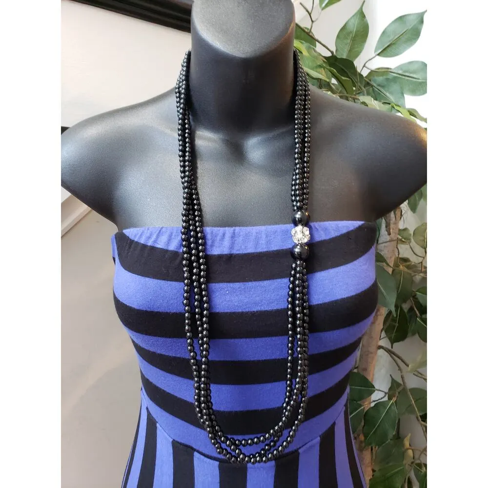 Women's Long Maxi Dress XS Black & Blue Stripped Tube Stretch Off The Shoulder - Image 2