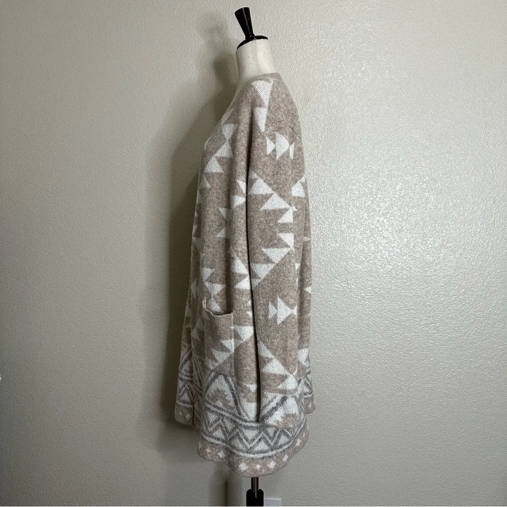 Frye Beige Cream Geometric Pattern Open Front Long Sweater Cardigan, Size XL - Image 6