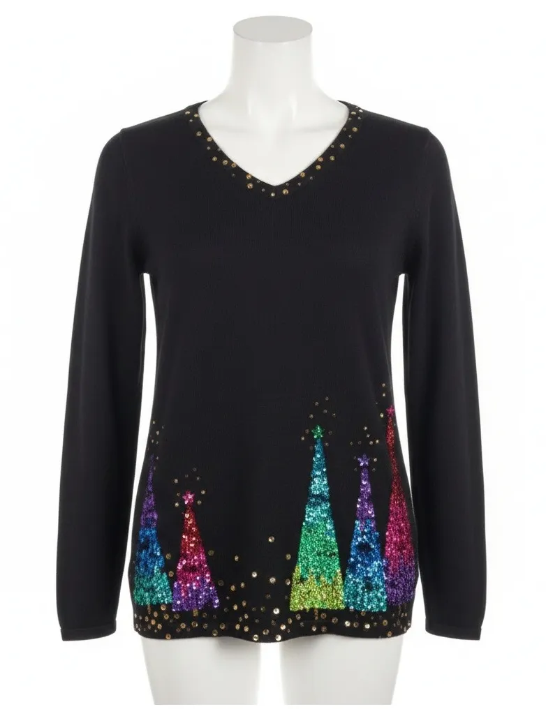 Quacker Factory Christmas Sweater XS Sequin Tree Black Holiday Party Sparkle - Image 1