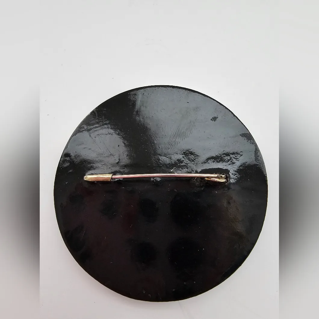 Vintage Russian Black Enamel Metal Hand Painted Floral Round Brooch Pin Signed - Image 2