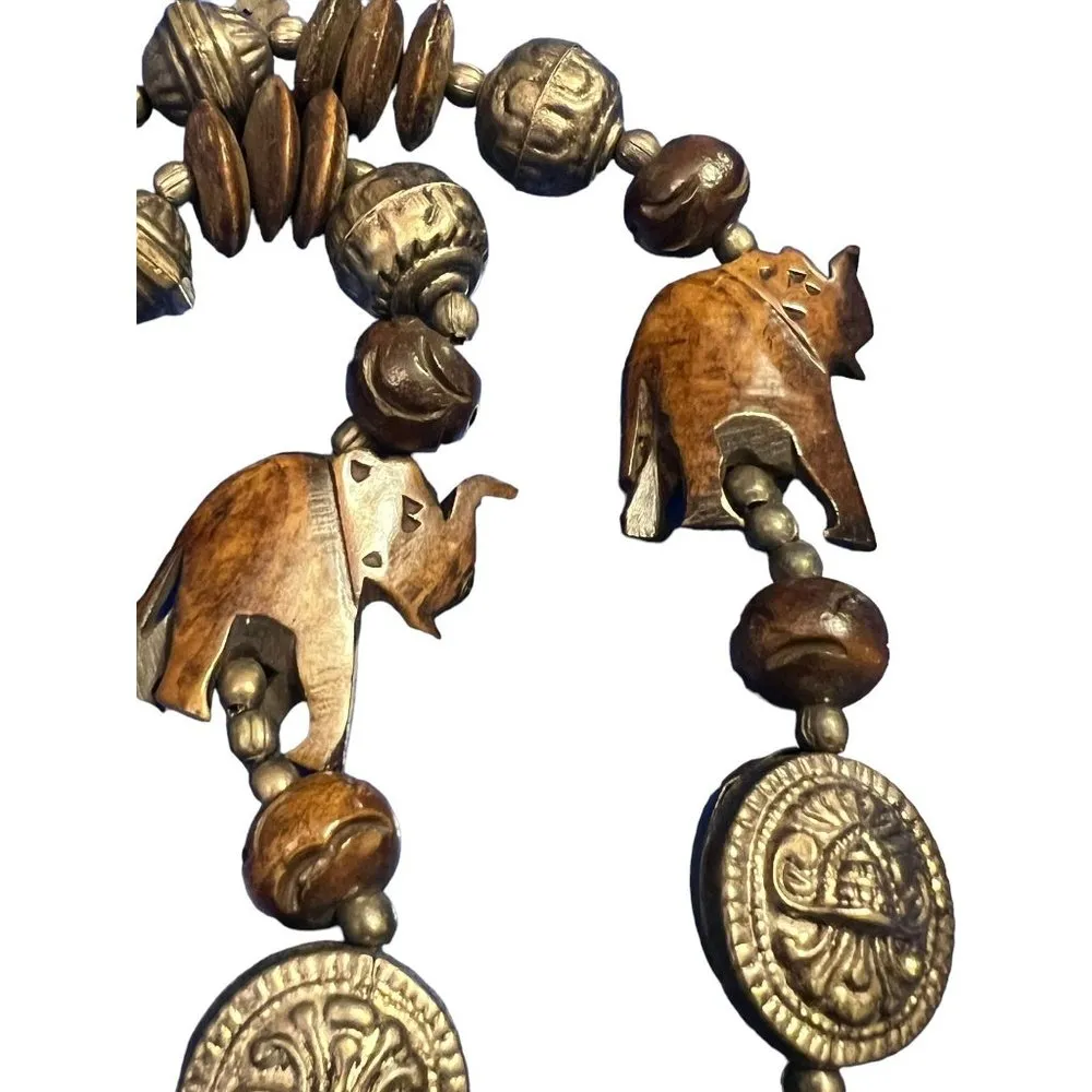 Vintage Carved Wood Necklace Silver Tone Carved Elephant Trunk Up Hook Clasp 30" Brown - Image 4