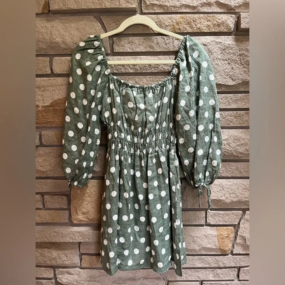 Faithfull The Brand Armina Mini Dress Emelda Dot Print Slate Green linen Small - Image 6