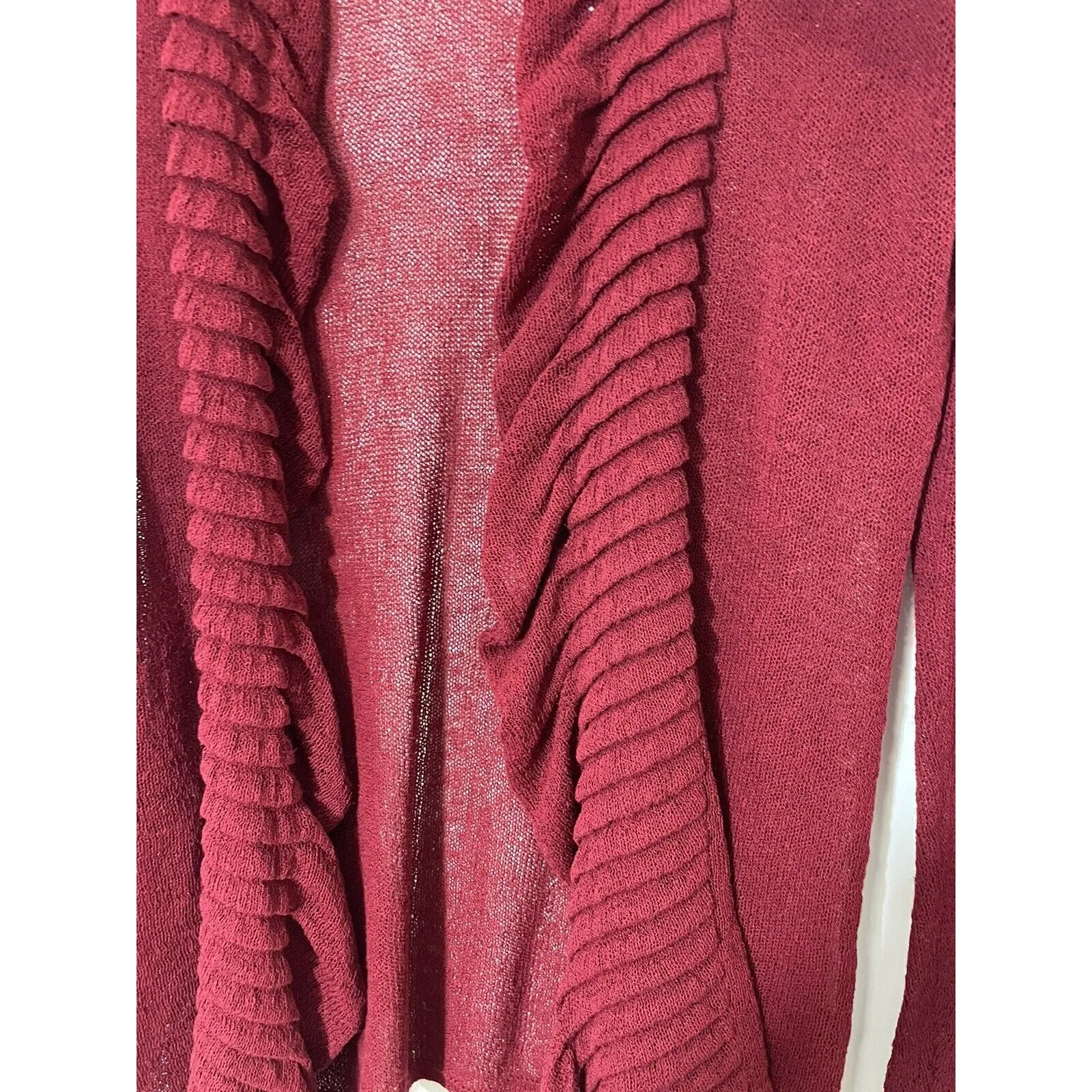 Eileen Fisher Loose Knit Open Ruffle Front Cardigan Wine Red Linen Blend Medium - Image 4