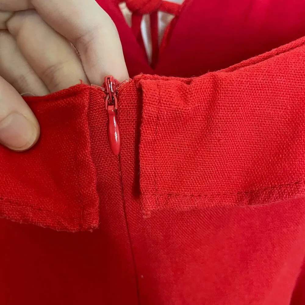 All In Favor Red Mini Dress M Womens Sleeveles V Neck Tie Detail Linen Ruffle - Image 5