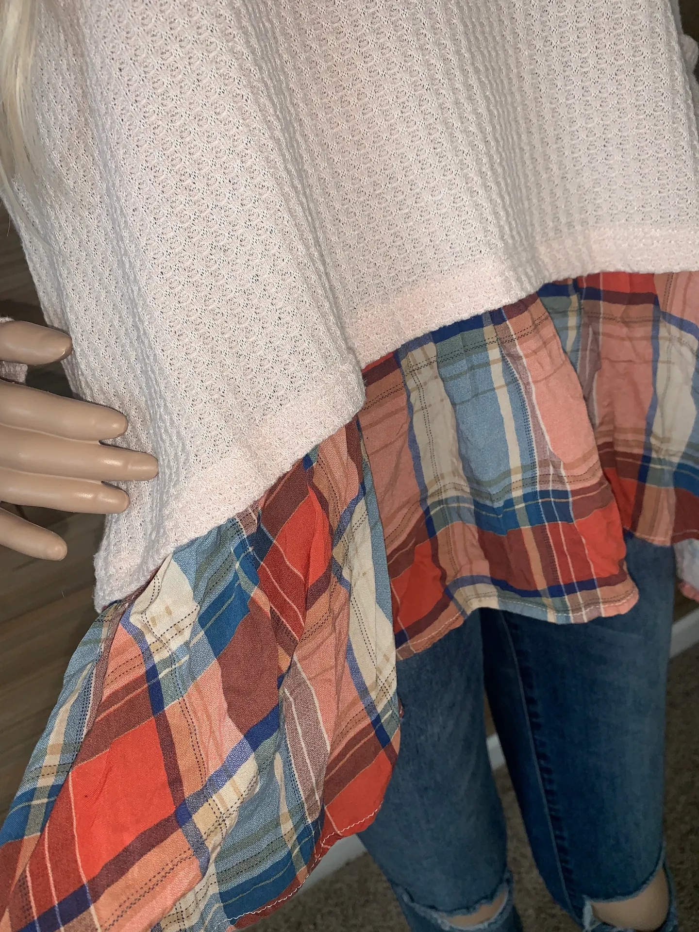 Kori Cream Waffle Knit Plaid Trim Top - Image 4