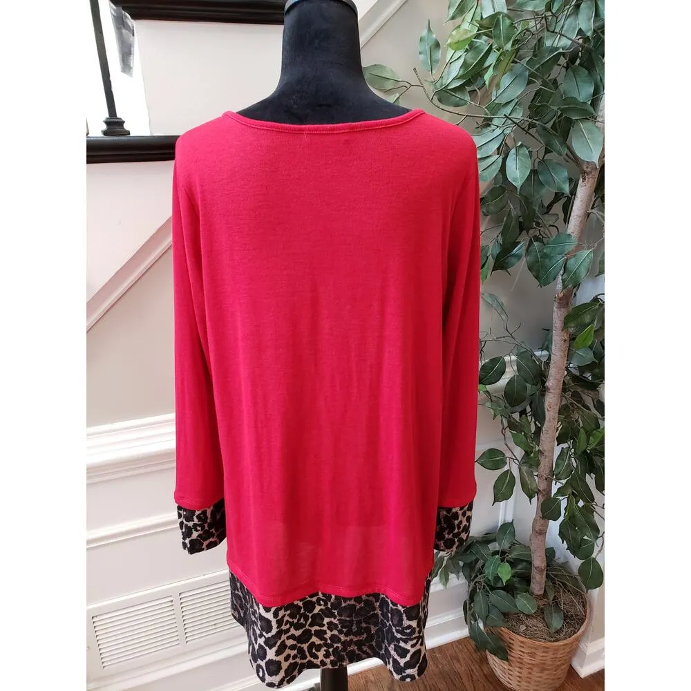 Reborn J Top Blouse Women's Large Red Animal Print Long Sleeve Round Neck Slit - Image 4