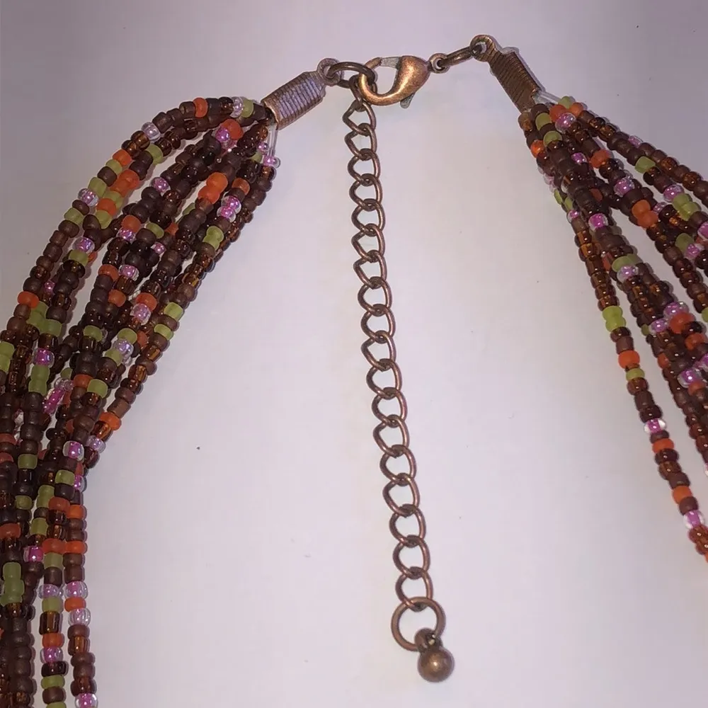 Neutral Tones Orange Multi Strand Seed Bead Beaded Boho Necklace - Image 5