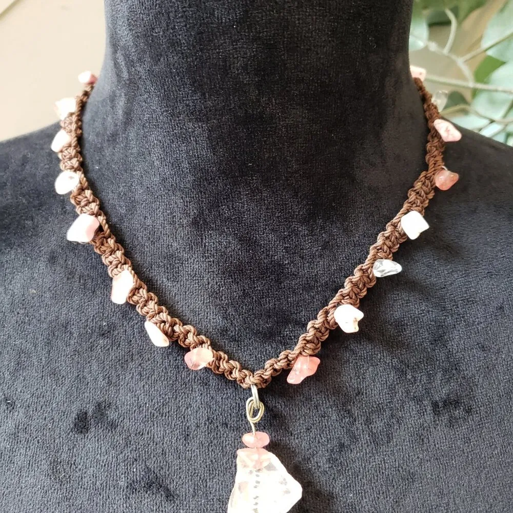 Women Clear Rose Quartz Macrame Pendant Necklace Jewelry with Lobster Clasp - Image 2