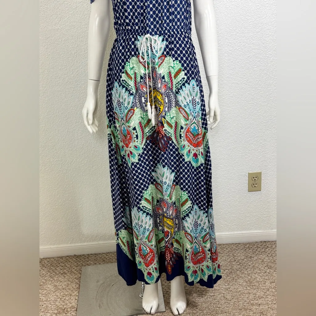 Magic 100% Rayon Boohoo Blue and Green Floral Patterned Maxi Dress - Image 4