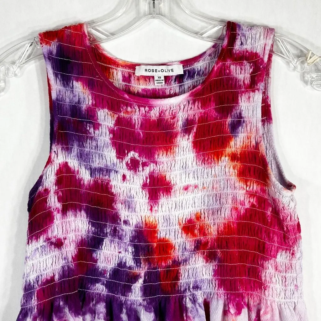 Rose Olive XS Top Art Class Tie Dye Purple Pink Smocked Peplum Sleeveless‎ 613 - Image 3