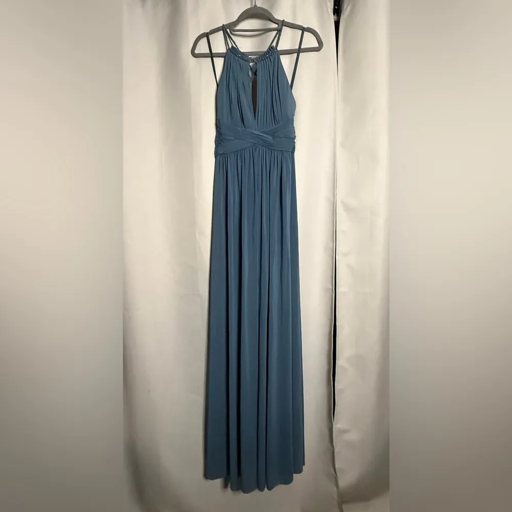 BCBGMaxAzria Blue High Neck Pleated Cross Back Maxi Dress Medium - Image 3