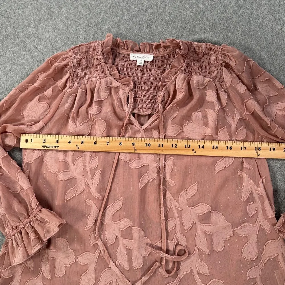 By the River Rose Pink Gold Metallic Ruffle Floral Blouse Sheer Size Small VNeck - Image 7