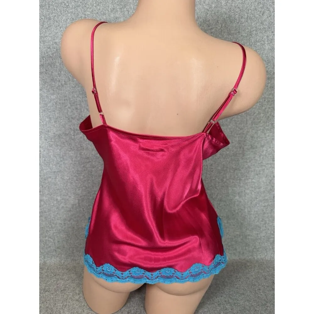 Vintage Tommy Jeans Large Womens Top Camisole Lace Y2K Pink Blue V-Neck Fairy - Image 4