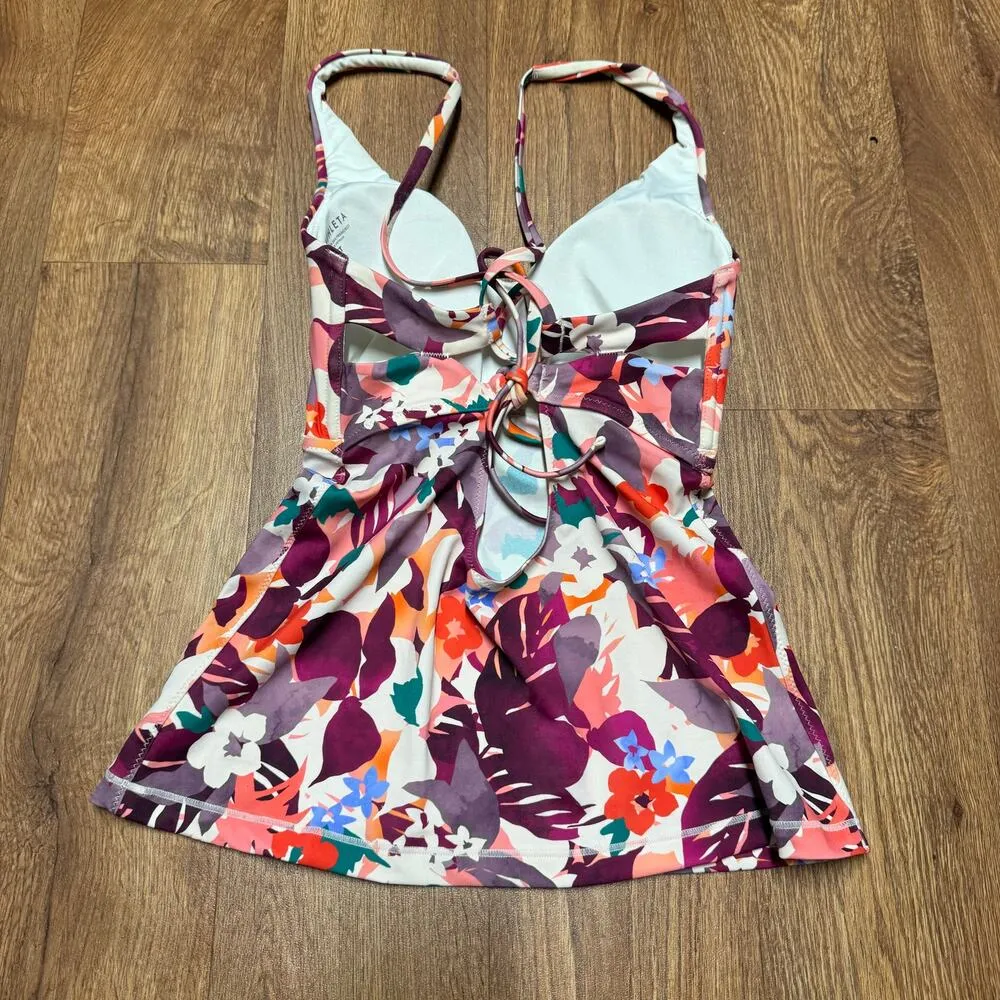 Athleta Womens Purple Floral Lace Up Tankini Swim Suit Top Size Small Tall ST - Image 2