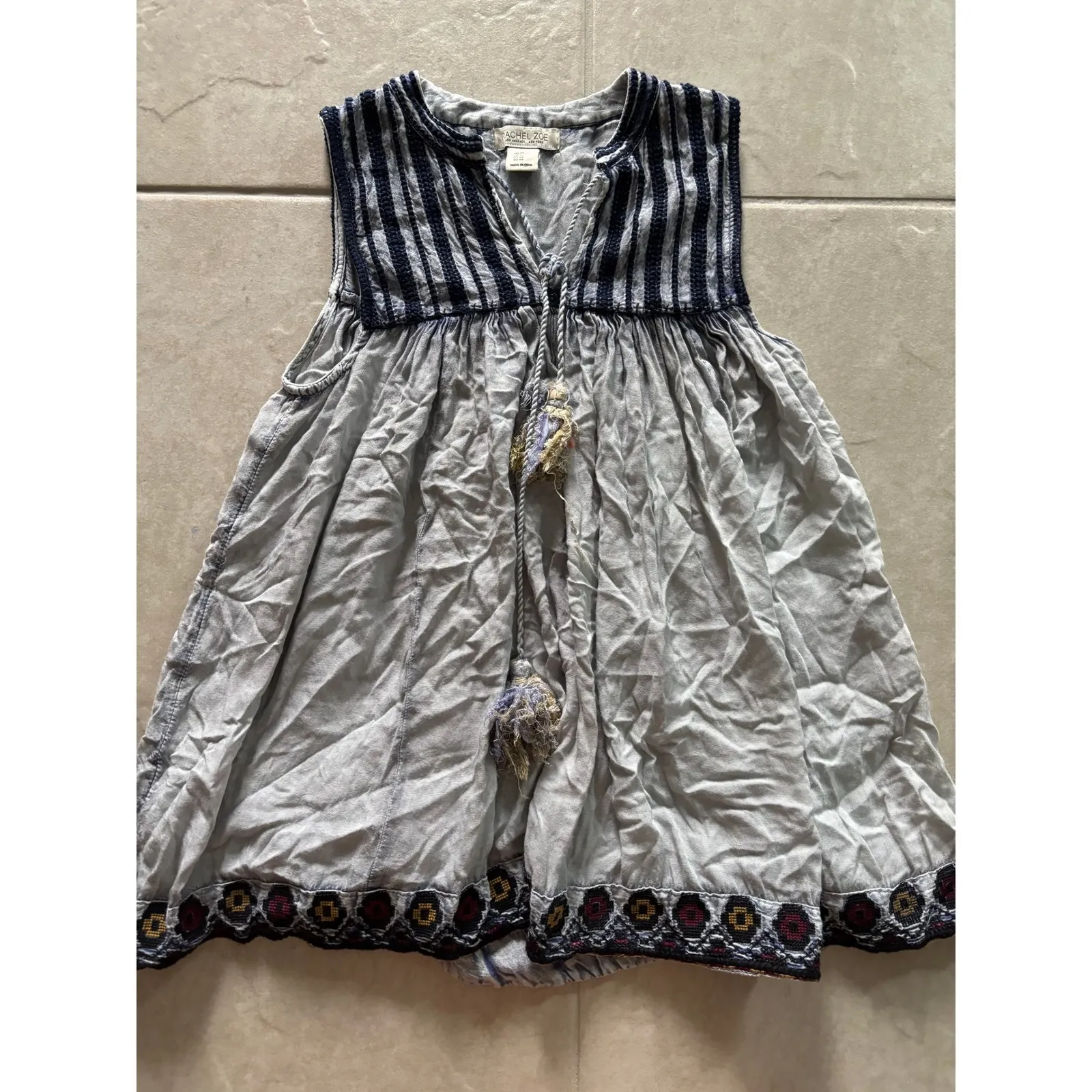 Rachel‎ Zoe Top Womens XS Blue Tunic Embroidered Boho Prairie Festival Peasant - Image 3