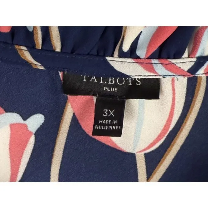 Talbots Blouse Womens 3X Blue Pink White Tulip Floral Print Ruffle Collar‎ Top - Image 3