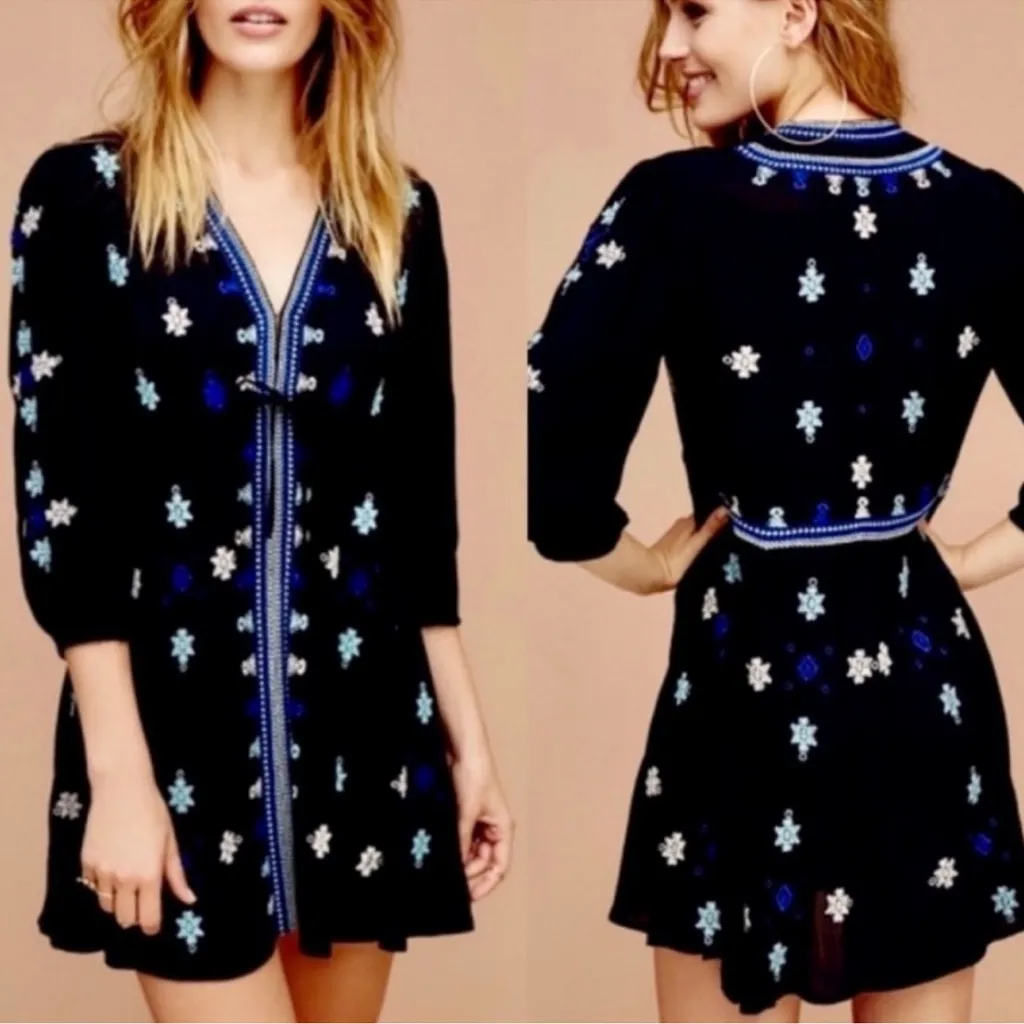 Free People Black and White V-Neck Sundress with Bishop Sleeves - Image 2