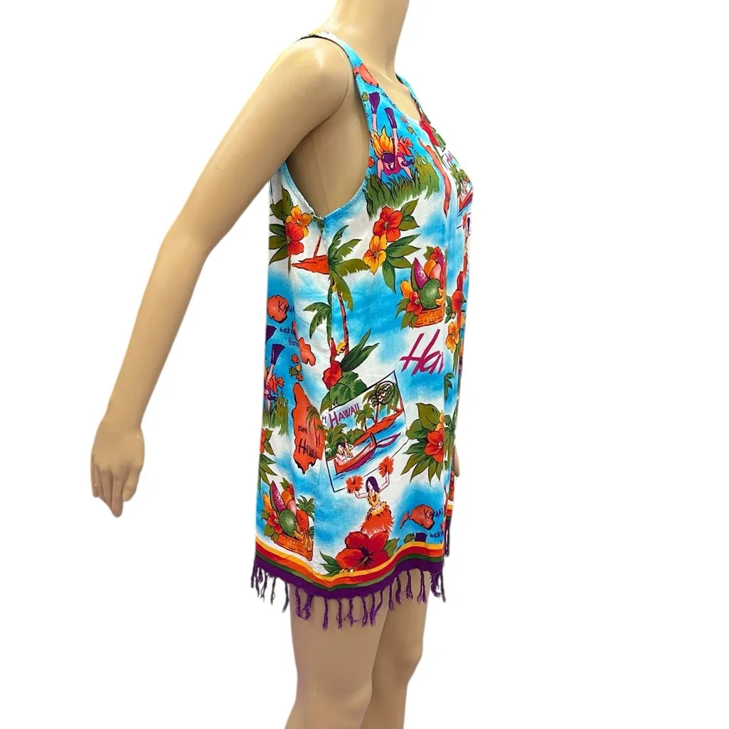 Vintage Beach Cabana Hawaiian Rayon Fringed Sleeveless Coverup Mini Dress Small Orange - Image 5