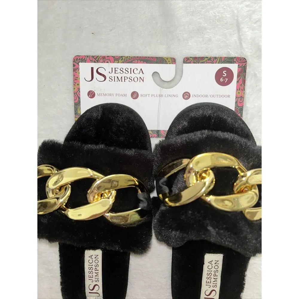 Jessica Simpson Black Faux Fur Slide Slippers with Gold Chain Womens Size S 6-7 - Image 3