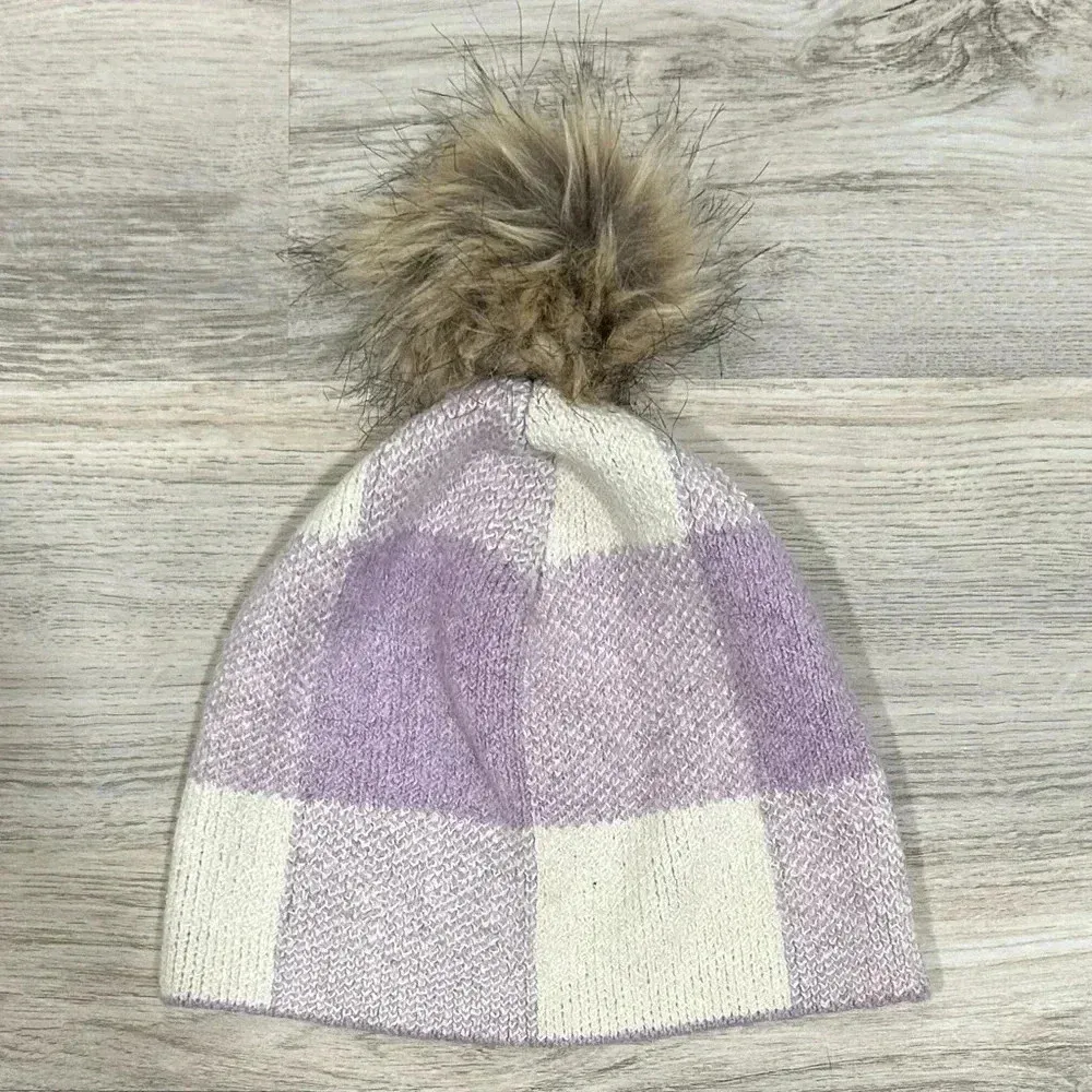 Christian Siriano Pom Purple Plaid Faux Fur Soft Knit Beanie Hat Adult One Size - Image 2