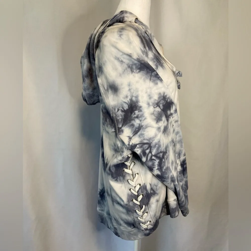 Blue Gray White Tie Dye Hooded Sweatshirt XL Laced Up Side American Star Y2K - Image 4