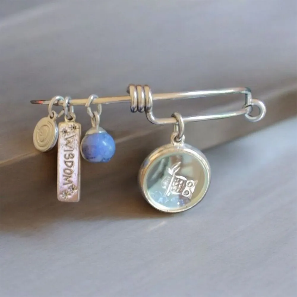 Silver Charm Bracelet Owl & Wisdom Adjustable Bangle - Image 3