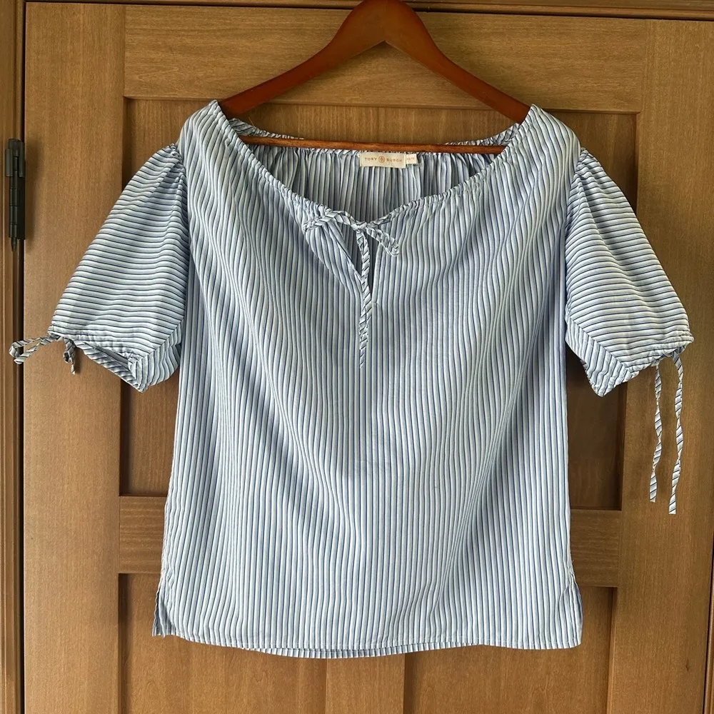 Tory Burch Ariana Blue Striped Tie Blouse Puff Sleeves Women’s size XS​​ - Image 3