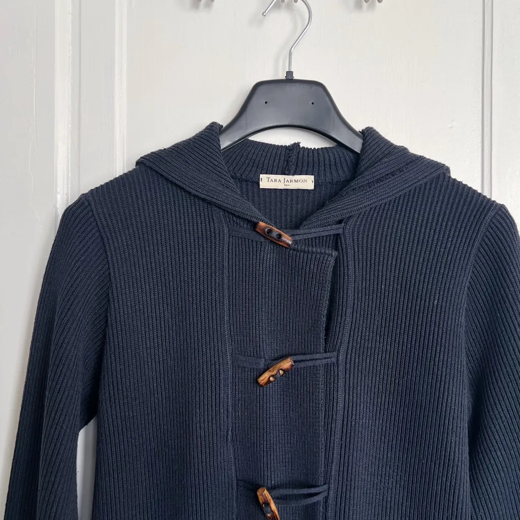 Tara Jarmon • Hooded Toggle Sweater navy blue ribbed cotton boxy chunky knit Size M - Image 2