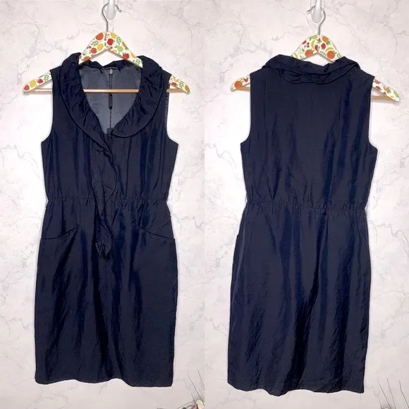 Elie Tahari navy blue linen sheath dress with ruffles - Image 2