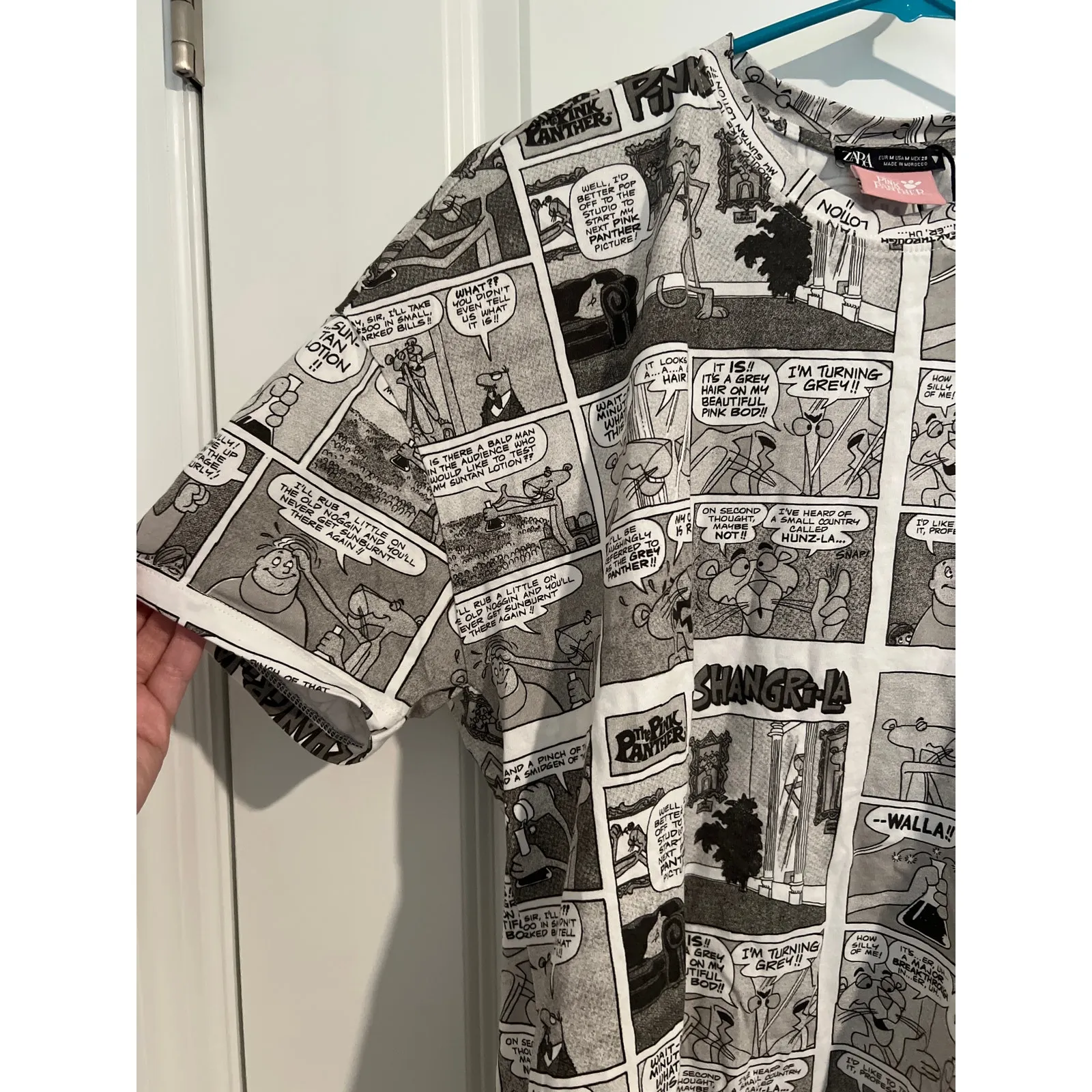 Zara MGM Pink Panther white/gray/black Comic Cotton Tee Sz mesium - Image 3