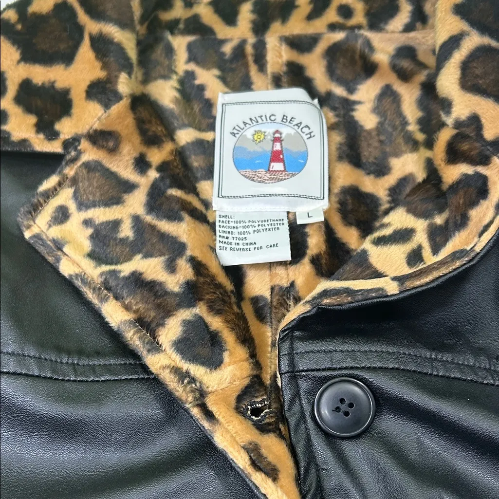Leopard Print Lined Black Bomber Jacket Size L - Image 4