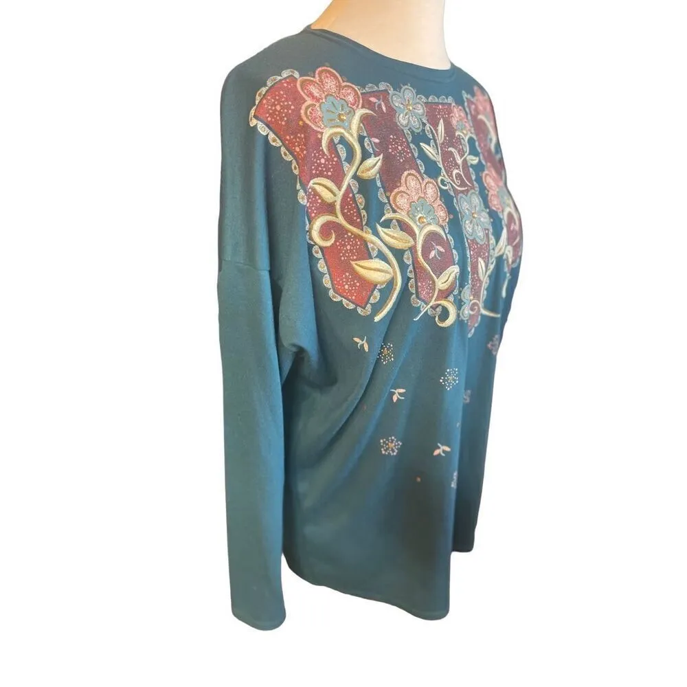 Sassy Sports Women's Vintage Teal Green Gold Floral Long Sleeve Crewneck Sweatsh Size XL - Image 8