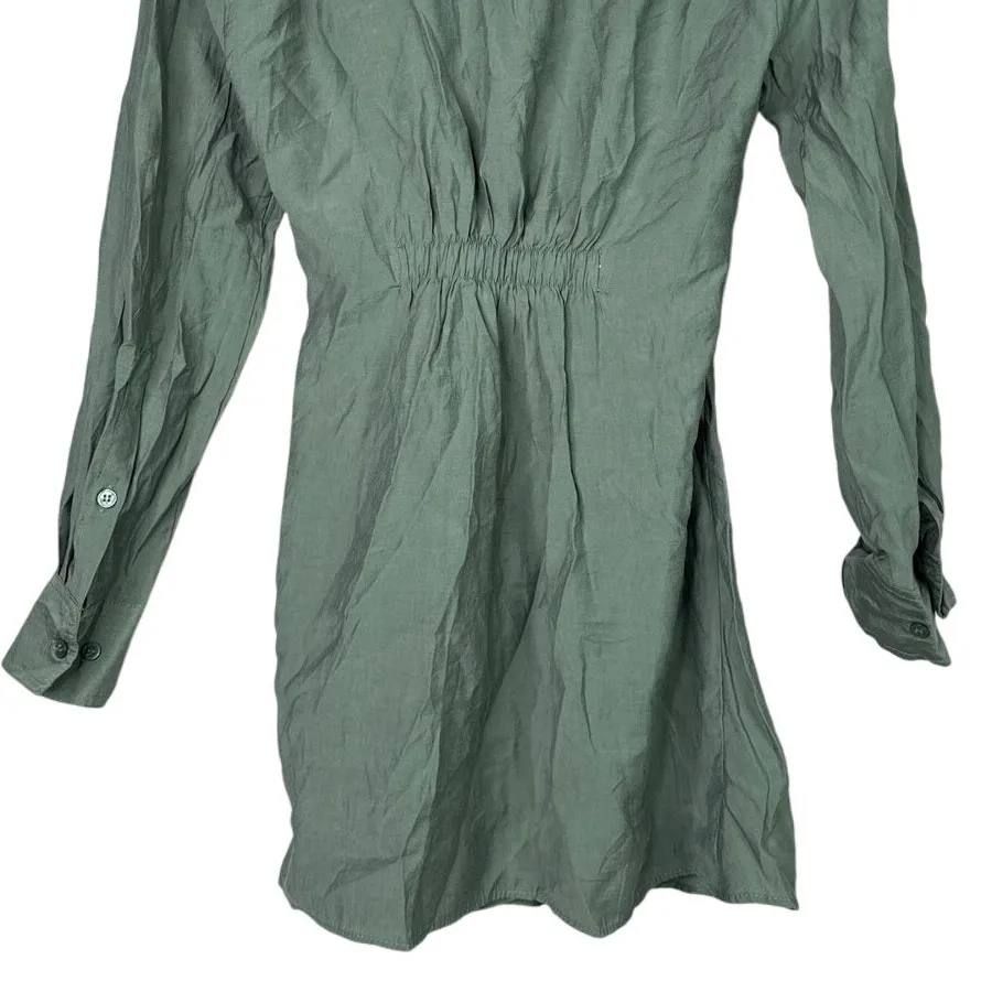 Zara Long Sleeve Tunic Wrap Style Mini Dress Collard V Neck Button M Olive Green - Image 7