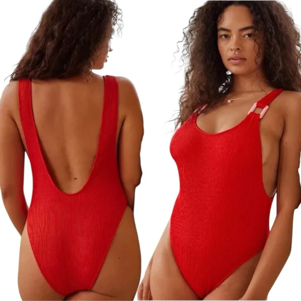 NWT Aerie Crinkle Birthday Scoop Cheekiest One Piece Swimsuit XS Red Pink Buckle - Image 2