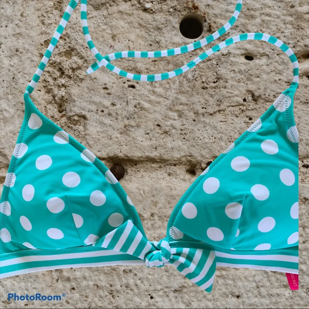 Victoria Secret Bikini Top Swimsuit Polka Dot Medium Green White  Tie Back - Image 7