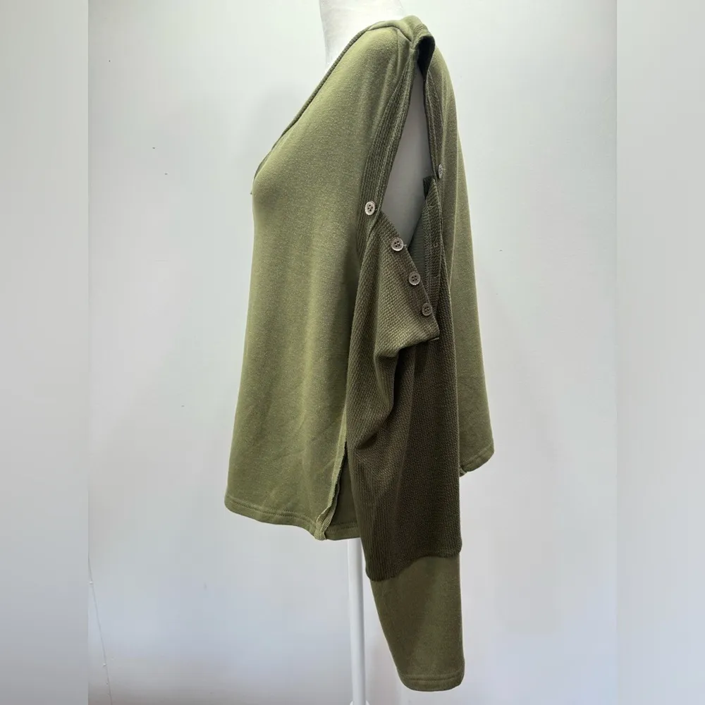 POL Olive Green Mixed Knit Cutout Button Detail Cold Shoulder Sweatshirt M L NEW - Image 7