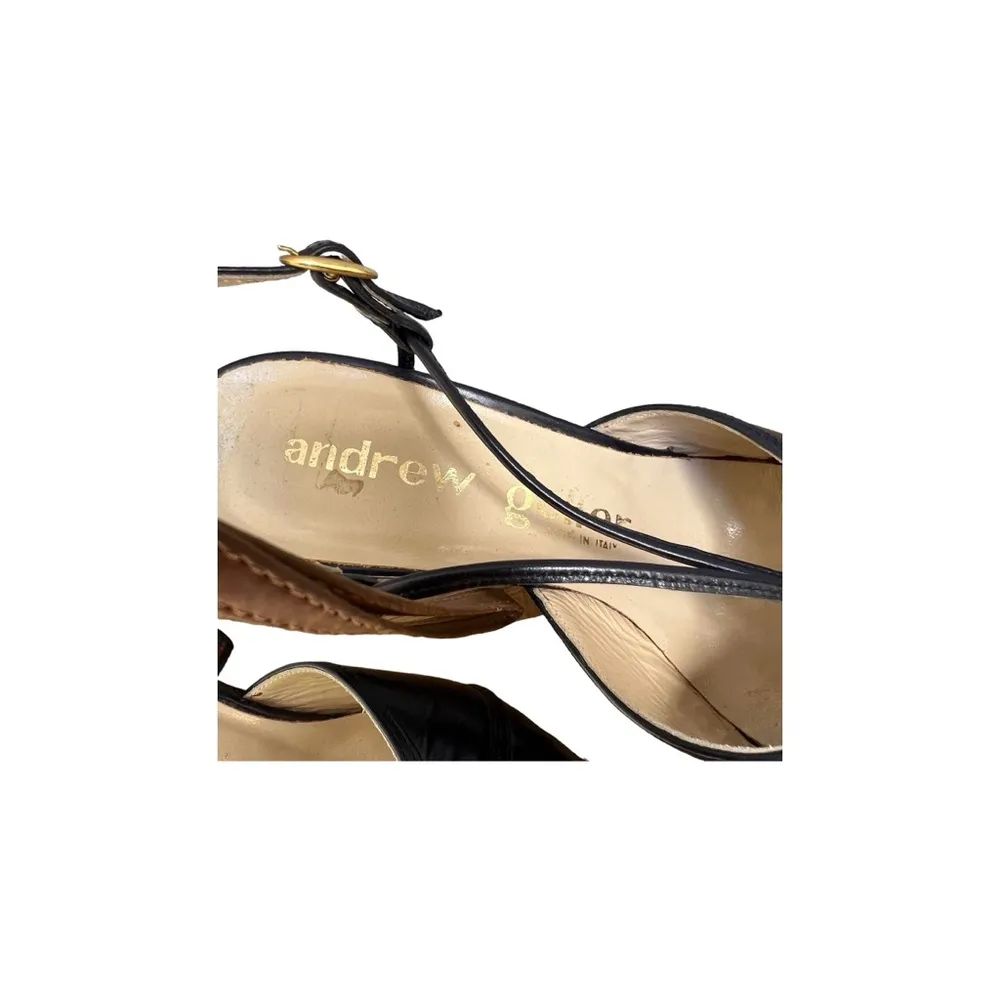 Vintage Italy Leather Slingback Midnight Navy wood sole heels. Sz. 6.5 M - Image 6