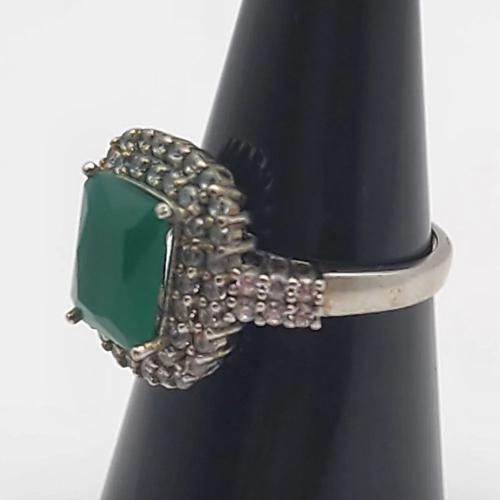 Sterling Silver Faux Emerald & Clear CZ Halo Ring (7) Green - Image 2