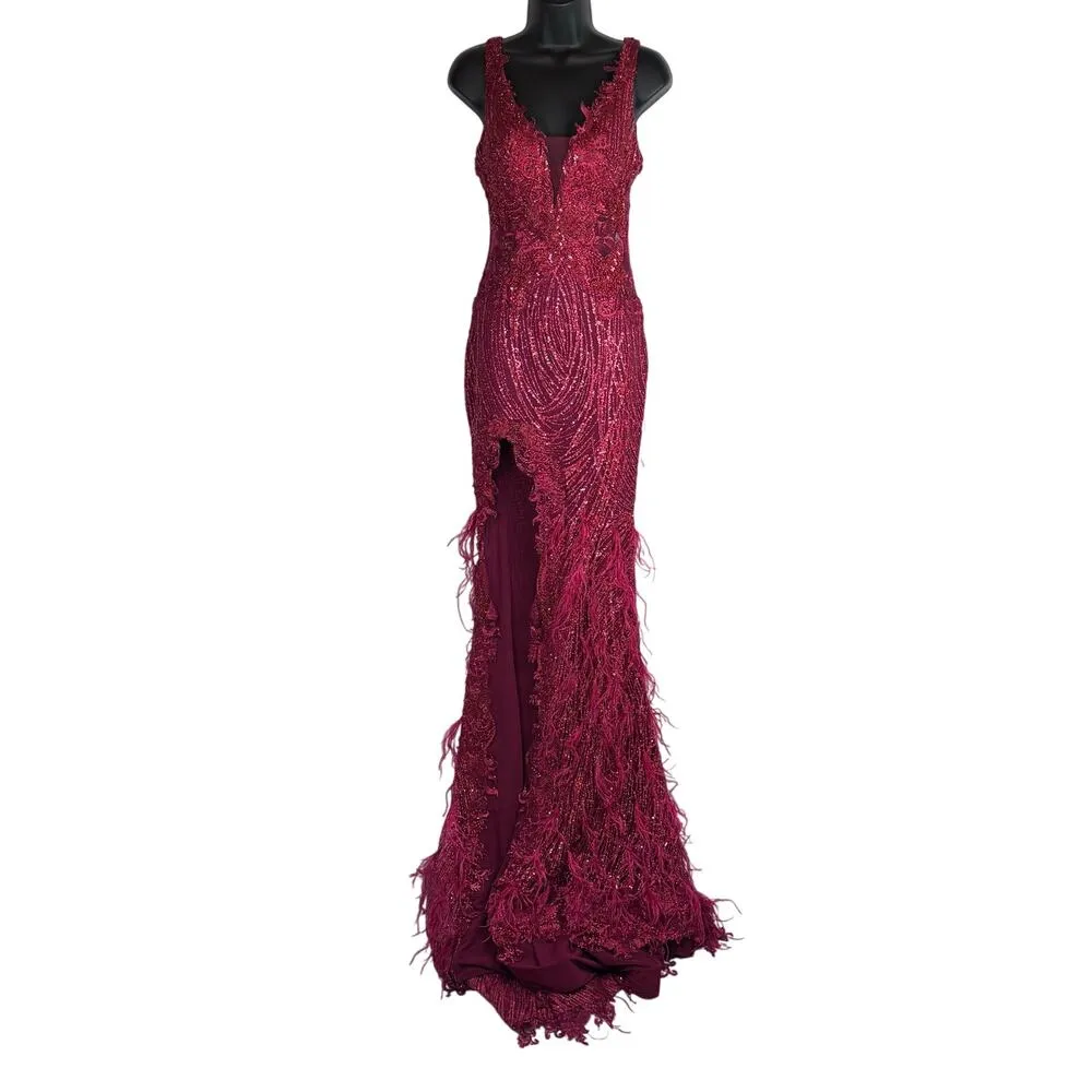 PORTIA AND SCARLETT Red Glitter Feather Gown Dress with Train PS21228 Size Size 0 - Image 9