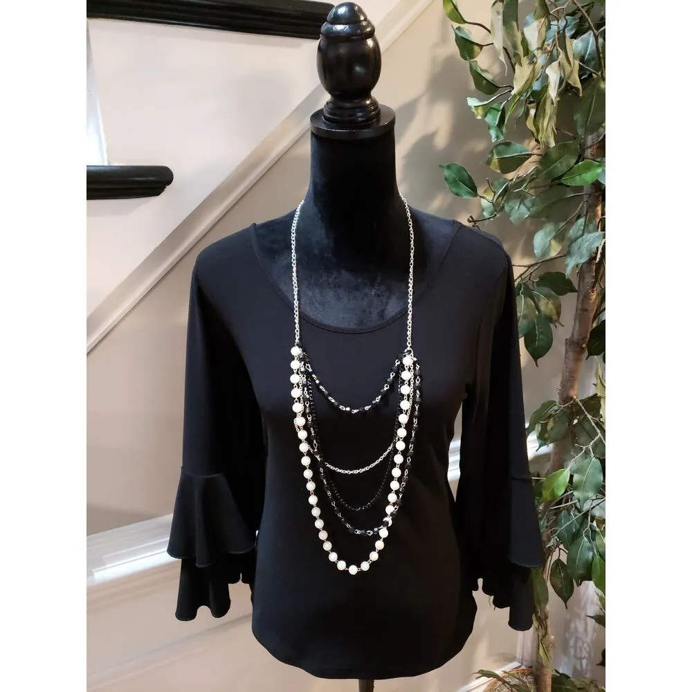 Retrology Ruffle Sleeve Top Women's M Black Stretchy Blouse Office Casual Chic Size M - Image 2