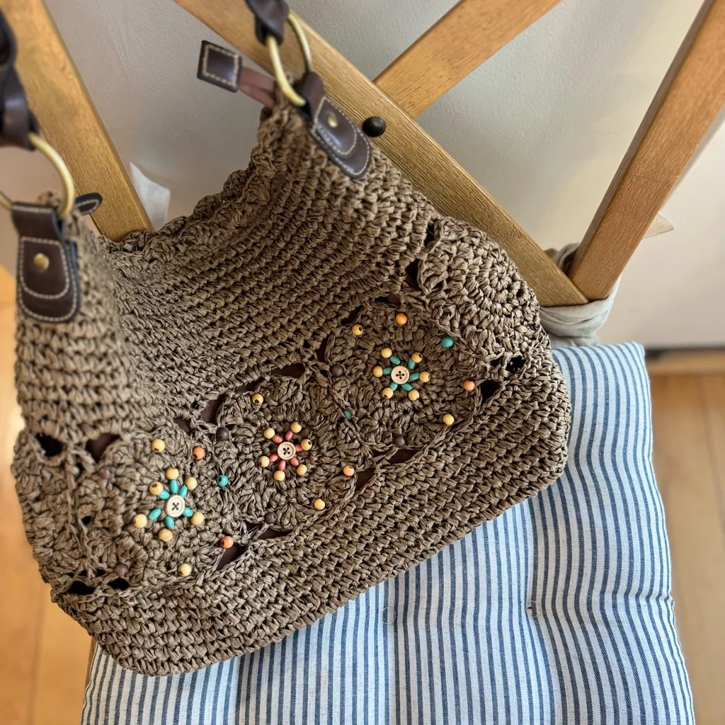 Vintage St. John’s Bay Taupe Tan Raffia Beaded Shoulder Bag Purse - Image 14