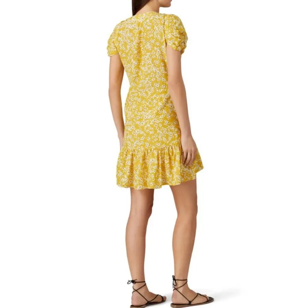 Golden Bloom Floral Mini Dress V-Neck Short Sleeve Ruffles Mustard Yellow L - Image 4