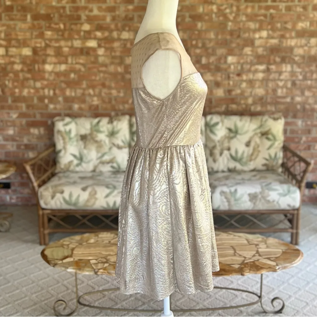 One Clothing Gold Metallic Mesh Illusion Fit and Flare Mini Dress M (jrs) - Image 12
