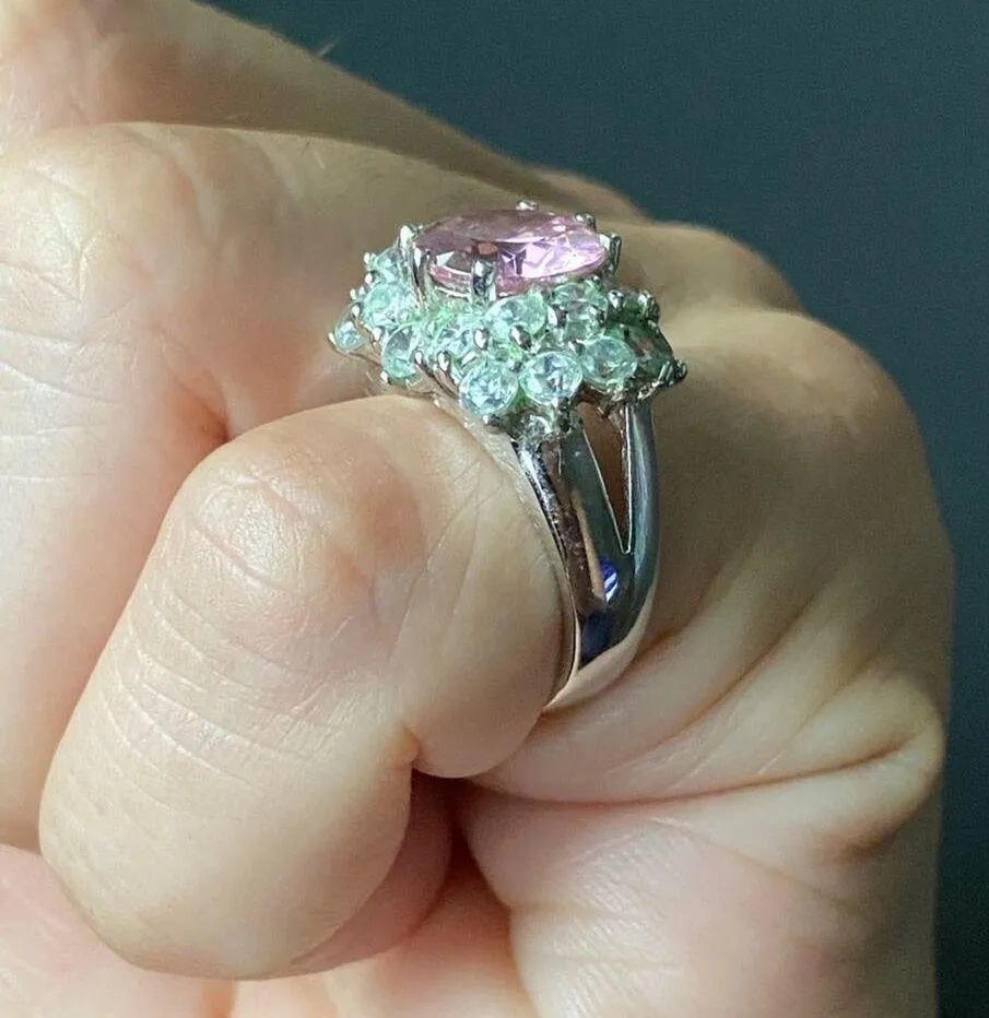 Vintage Costume Pink Rose Quartz And CZ Stone Ring - Image 8