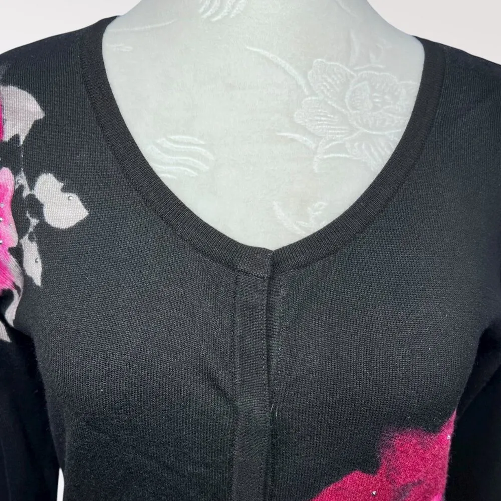 White House Black Market Black Cardigan Pink Floral Rhinestone  - Image 2